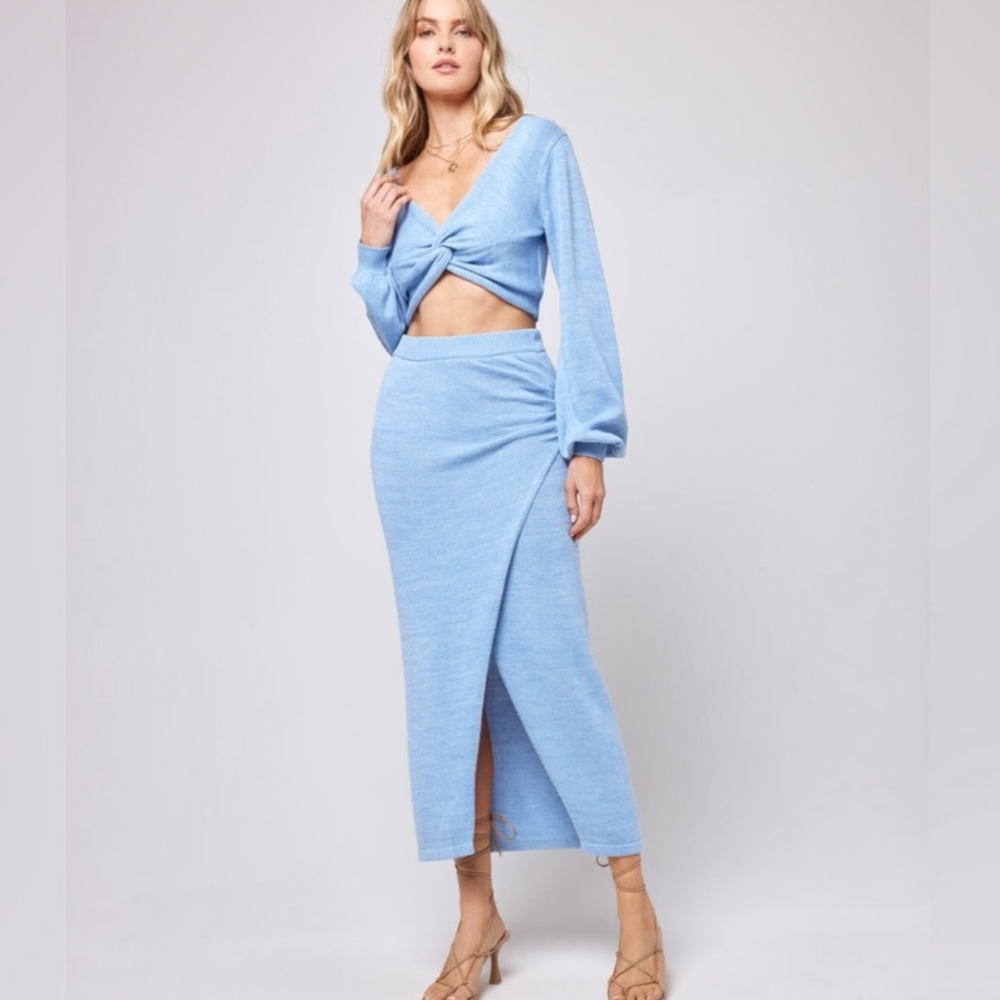 L Space Siren blue‎ ribbed knit high slit maxi long skirt EUC size S